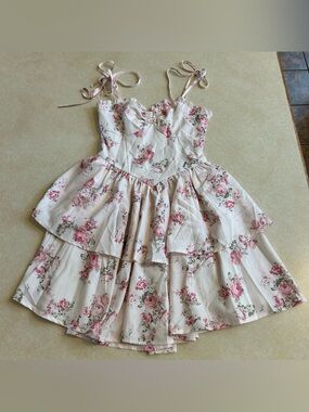 Shein pink floral corset tiered mini dress XS Coquette concert feminine